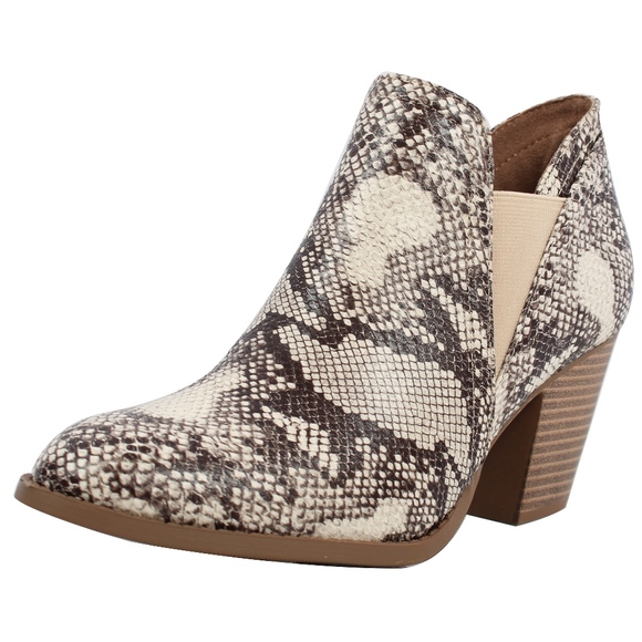 Cream Snake Skin Pu Elastic Stacked Heel Ankle - Picture 3 of 7